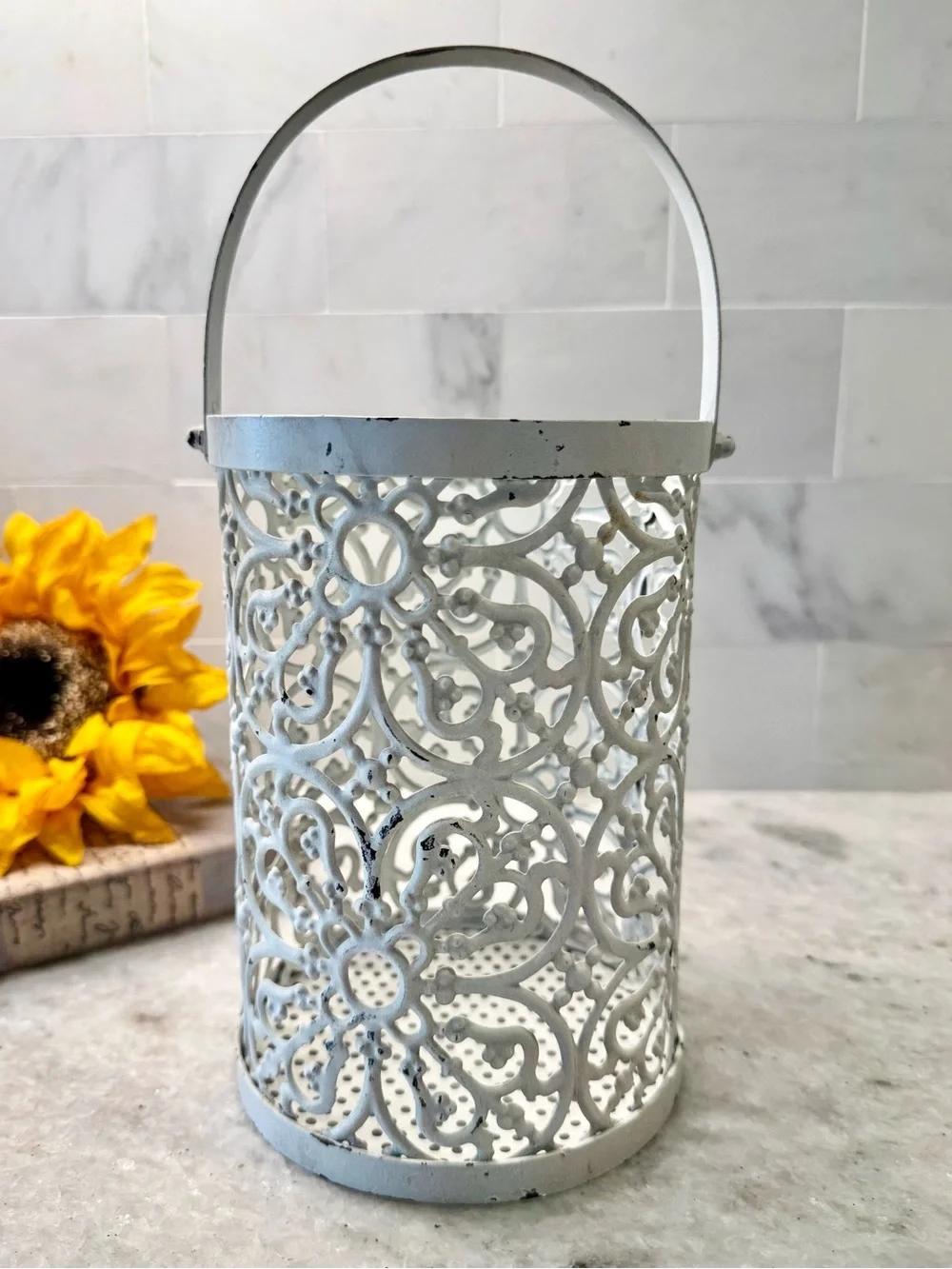 New Rustic Distressed Ornate Chippy White Metal Bucket Holder Decor - 7” x 5”